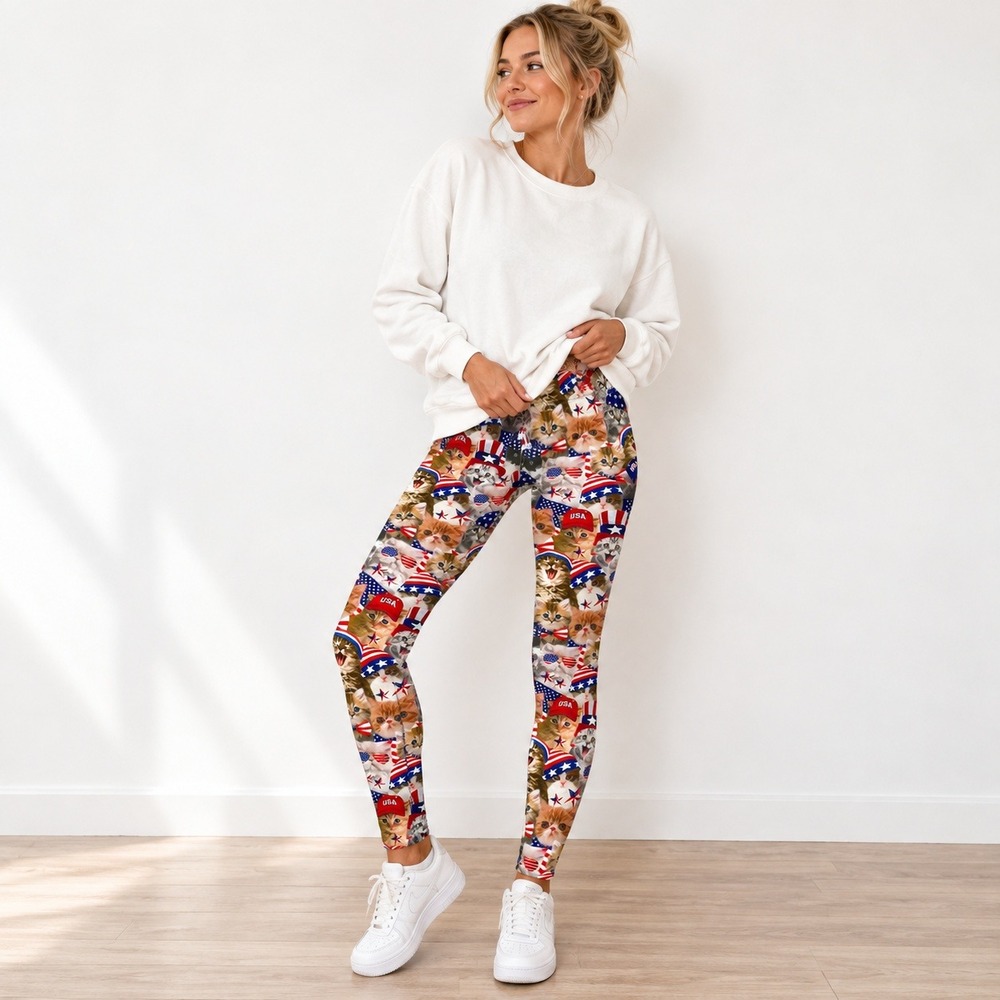 Tipsy Elves Womens Patriotic Cat Print Leggings Sz M USA Stretch